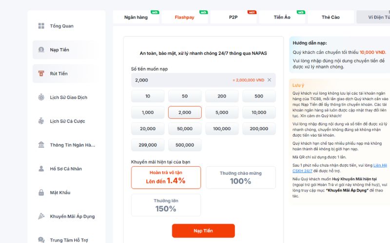 giao diện nạp tiền trực tuyến